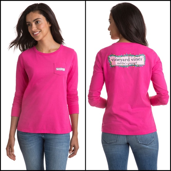 Simply Southern Tops - Vineyard Vines Hot Pink Christmas Lights Logo Long Sleeve Pocket Tee T-Shirt